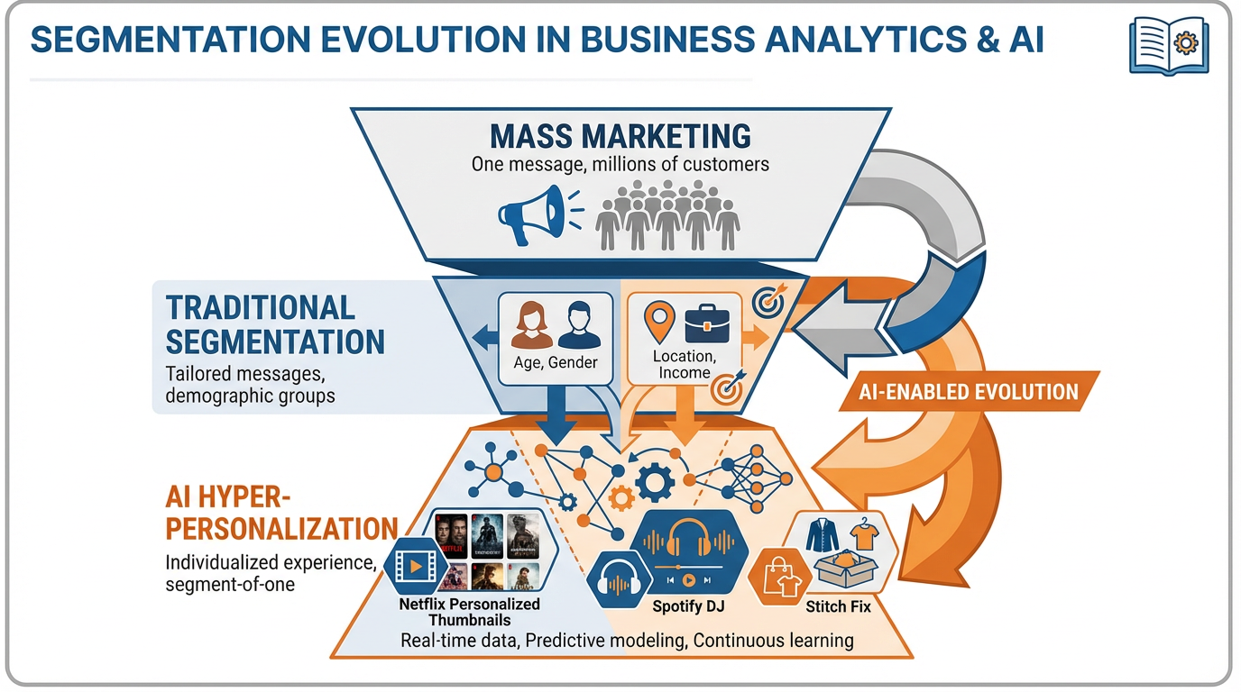 Diagram showing AI-powered hyper-personalization from broad segments to segment-of-one