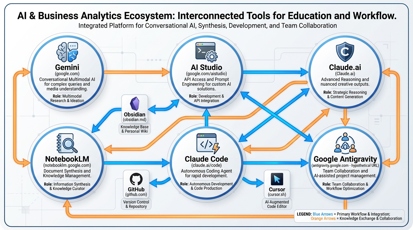 Diagram of the six core AI tools ecosystem for business education and innovation