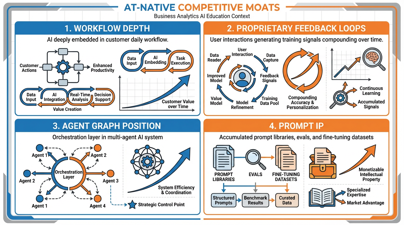 Diagram illustrating four new AI-native competitive moats: workflow depth, feedback loops, agent graph position, and prompt IP