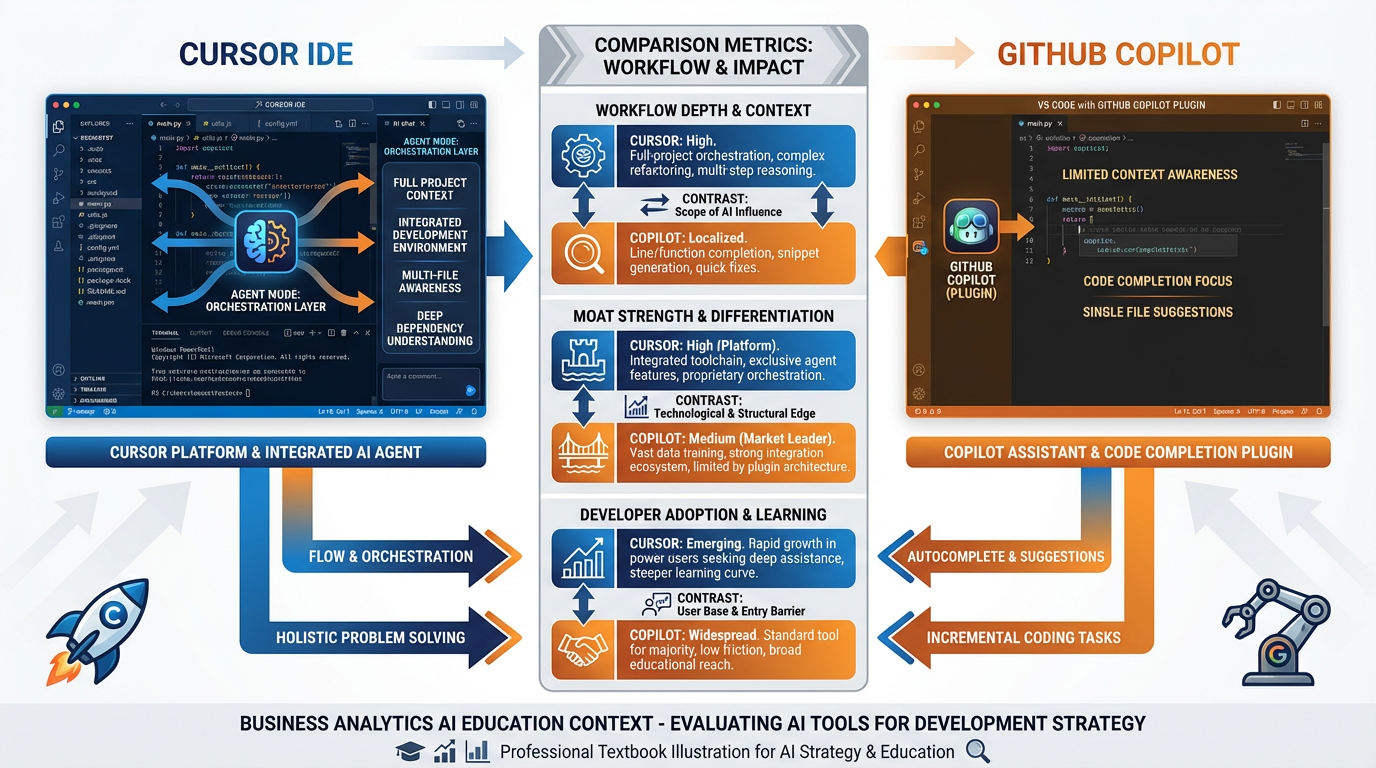 Side-by-side comparison of Cursor and GitHub Copilot showing their different value propositions, positioning, and moat strategies