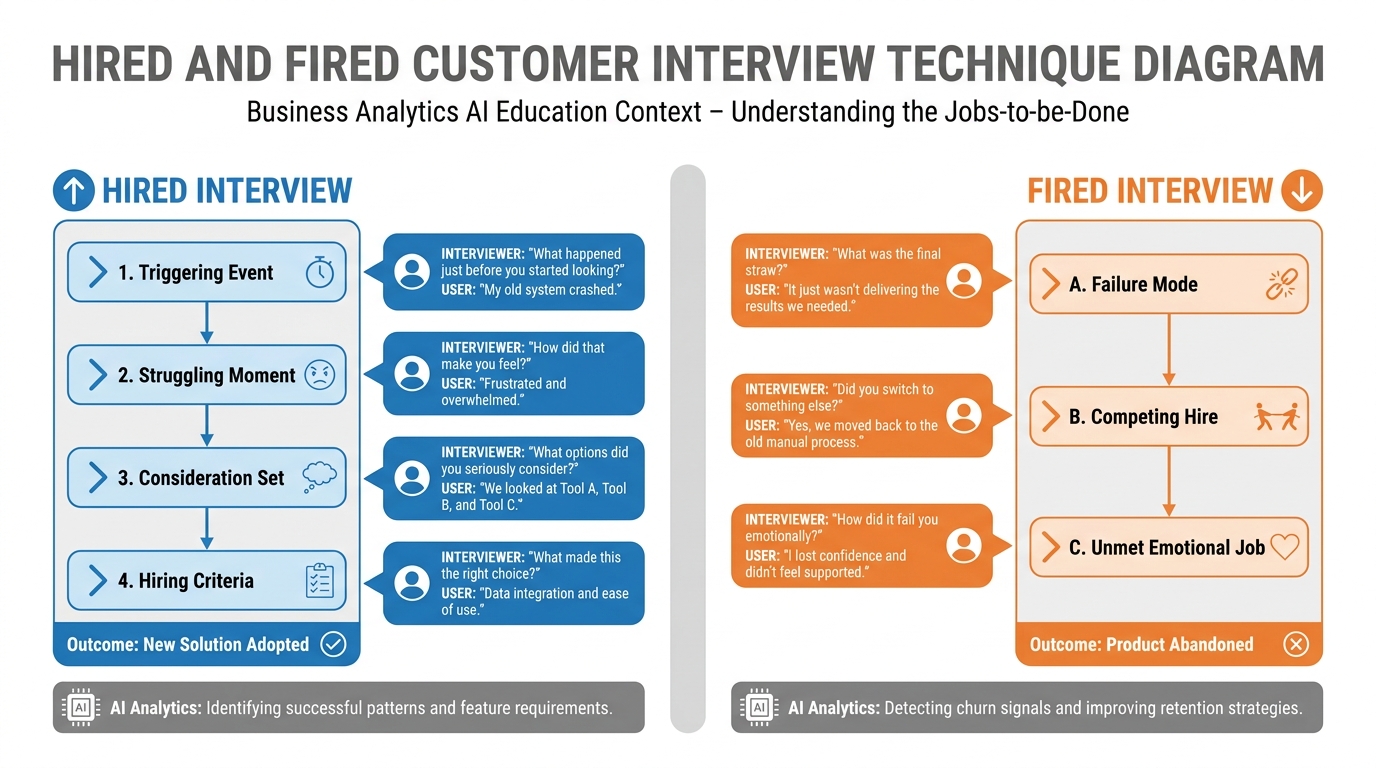 Diagram of the hired and fired interview technique showing interview structure for uncovering Jobs to Be Done