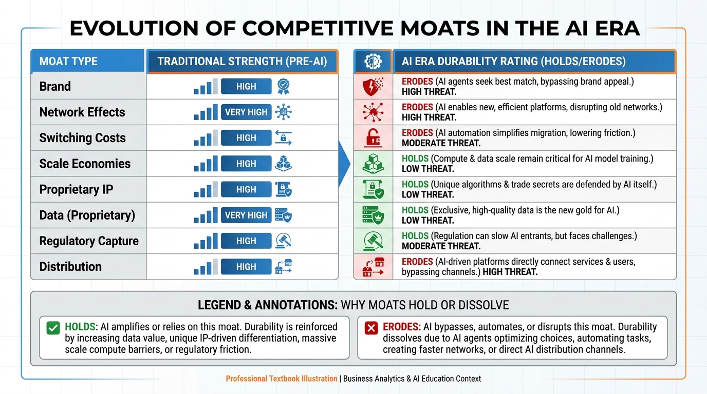 Matrix comparing traditional competitive moats with their durability in the AI era, showing which moats hold and which erode