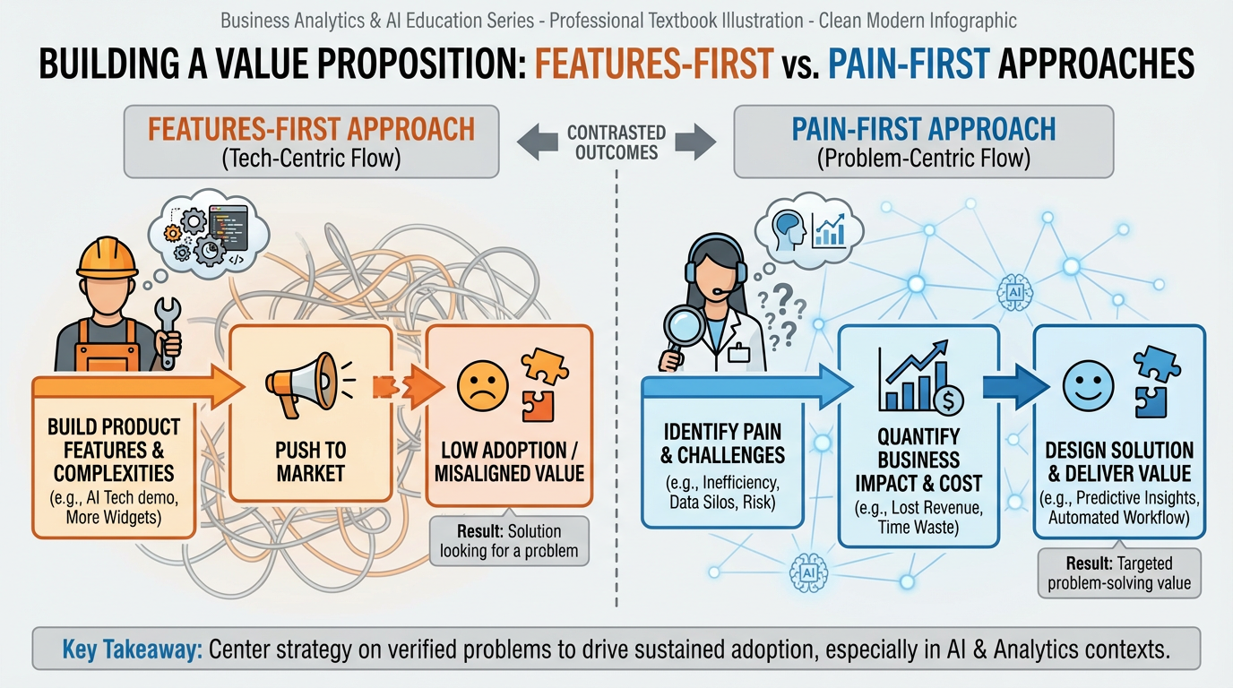 Diagram comparing the features-first approach versus the pain-first approach to building a value proposition