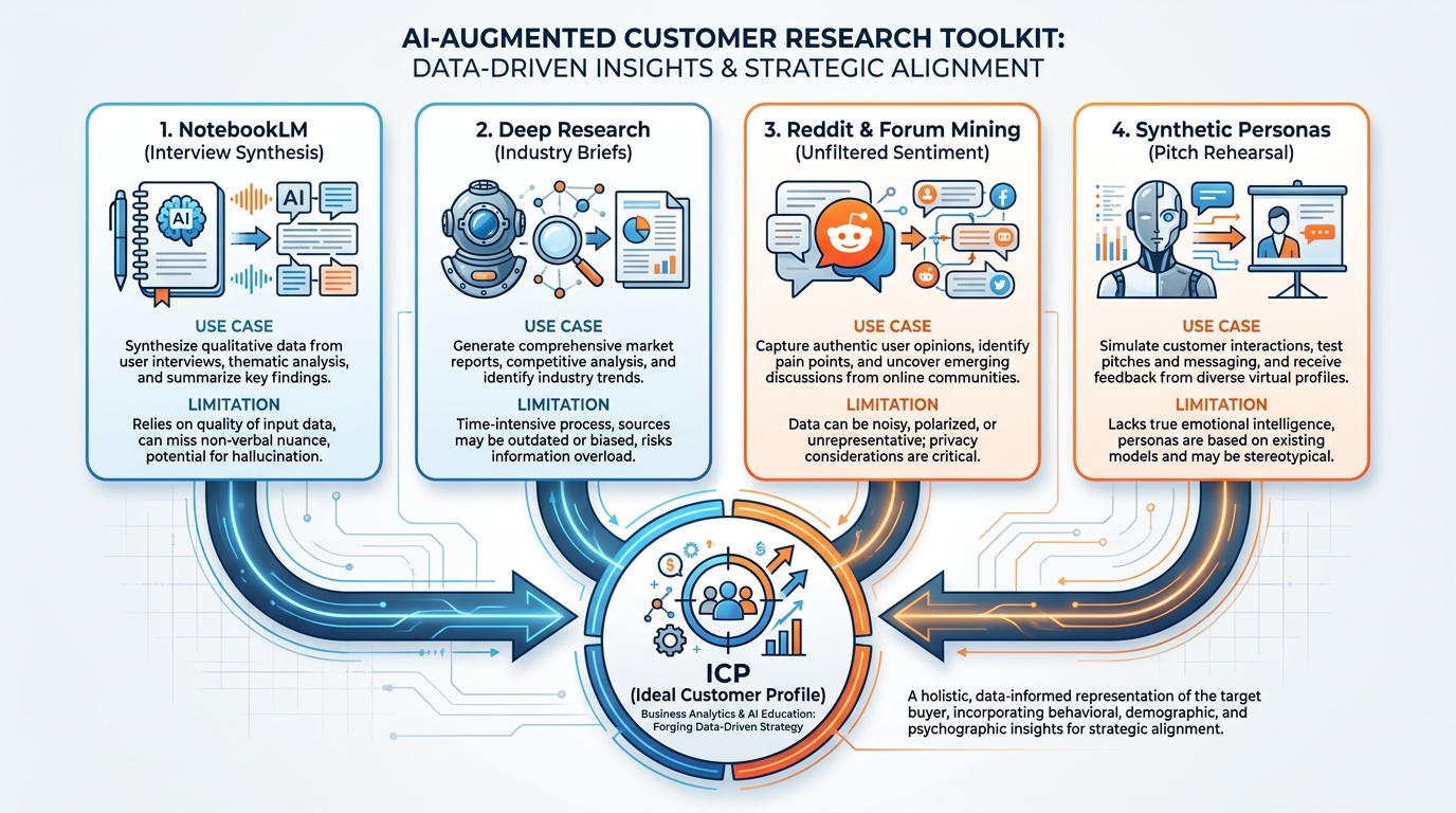 Diagram of AI-augmented customer research toolkit showing NotebookLM, Deep Research, Reddit mining, and synthetic personas with their appropriate use cases