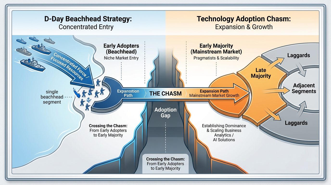 Beachhead strategy diagram showing the D-Day analogy, Moore's chasm crossing, and the expand-from-strength approach
