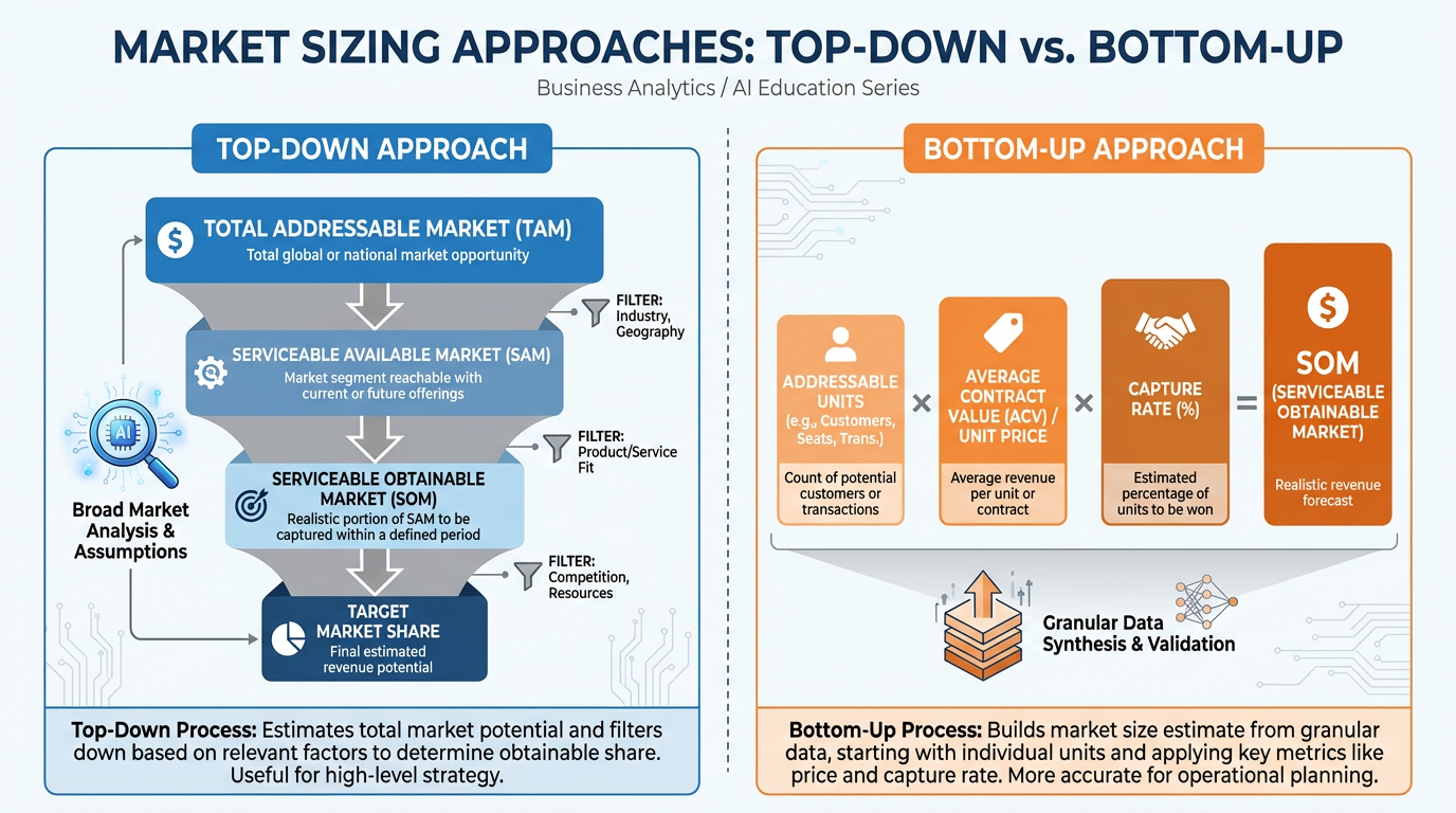 Side-by-side comparison of top-down and bottom-up market sizing approaches with labeled process flows and examples