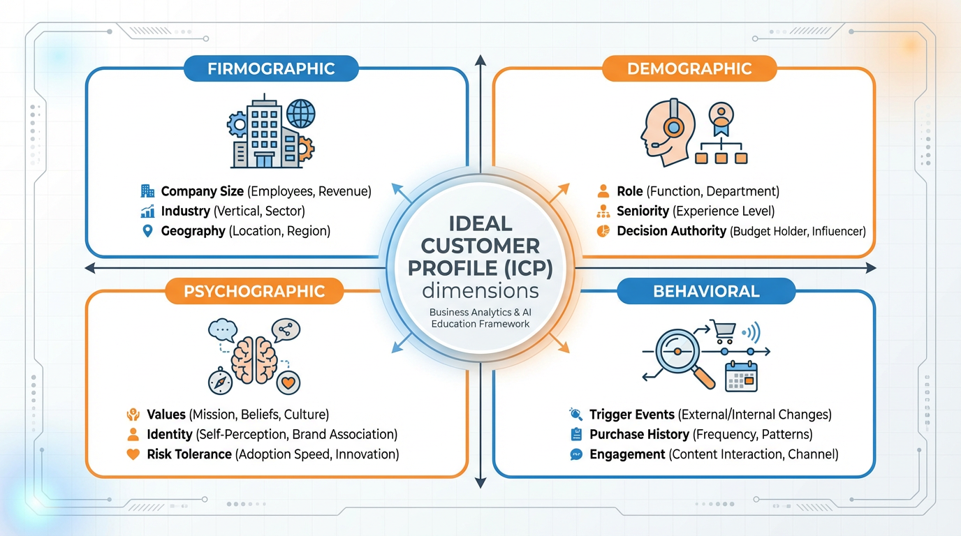 Four-quadrant diagram showing the firmographic, demographic, psychographic, and behavioral dimensions of an ICP