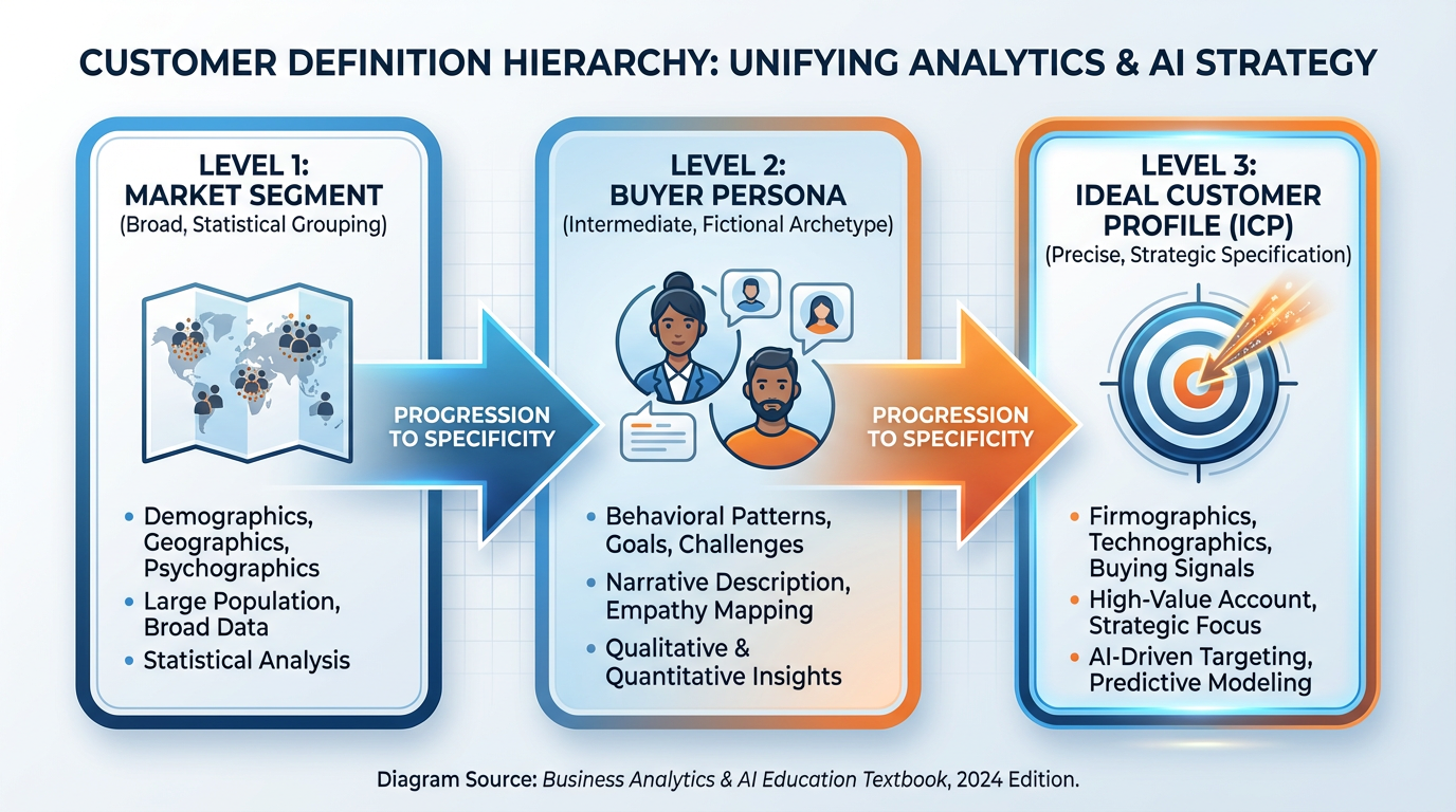 Diagram comparing market segment, buyer persona, and Ideal Customer Profile showing their hierarchy and differences