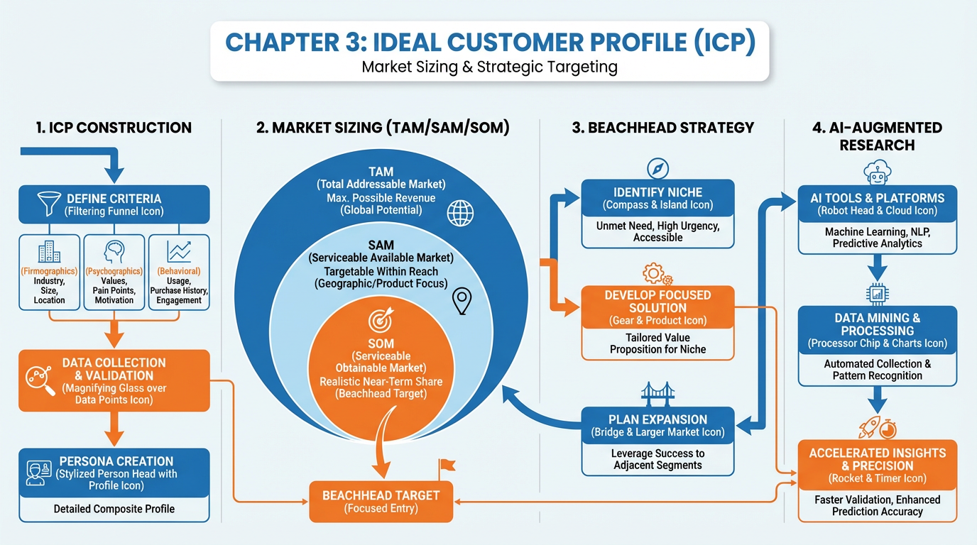 Chapter 3 overview infographic summarizing ICP construction, market sizing (TAM/SAM/SOM), beachhead strategy, and AI-augmented customer research