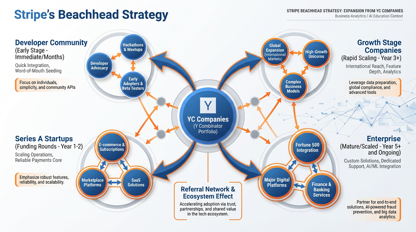 Diagram showing Stripe's beachhead approach starting with YC companies and expanding outward through developer community and startups