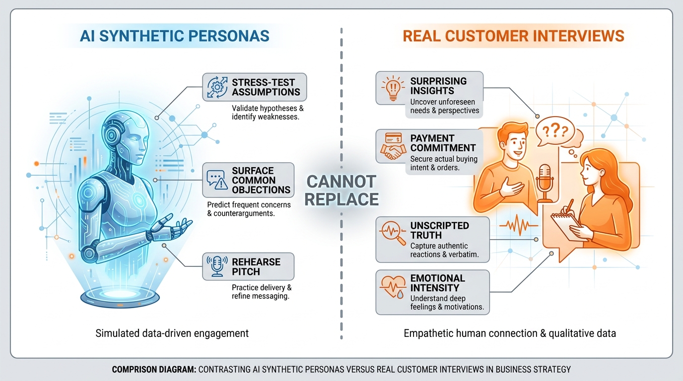 Comparison diagram contrasting synthetic AI-generated personas with real customer interviews showing what each can and cannot reveal
