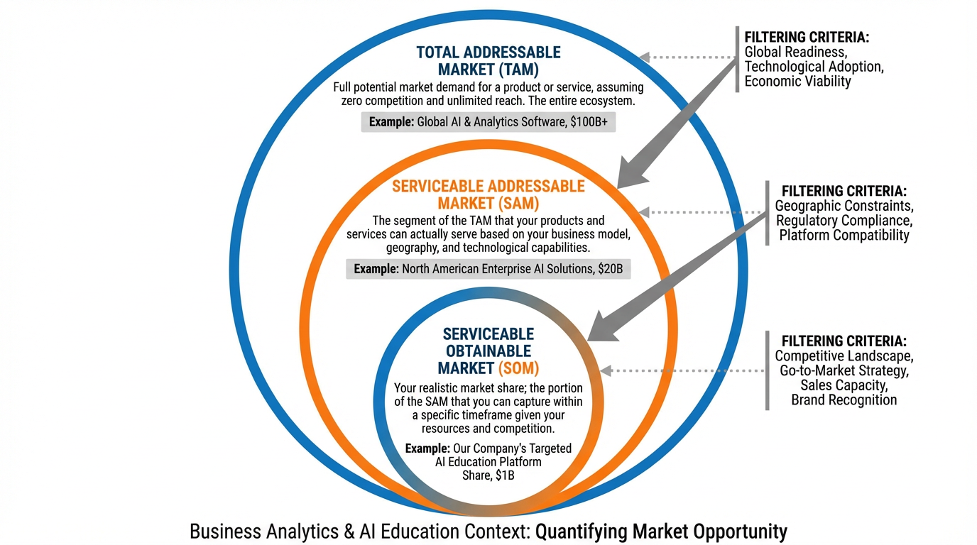 Concentric circle diagram showing TAM, SAM, and SOM with labeled definitions and realistic examples