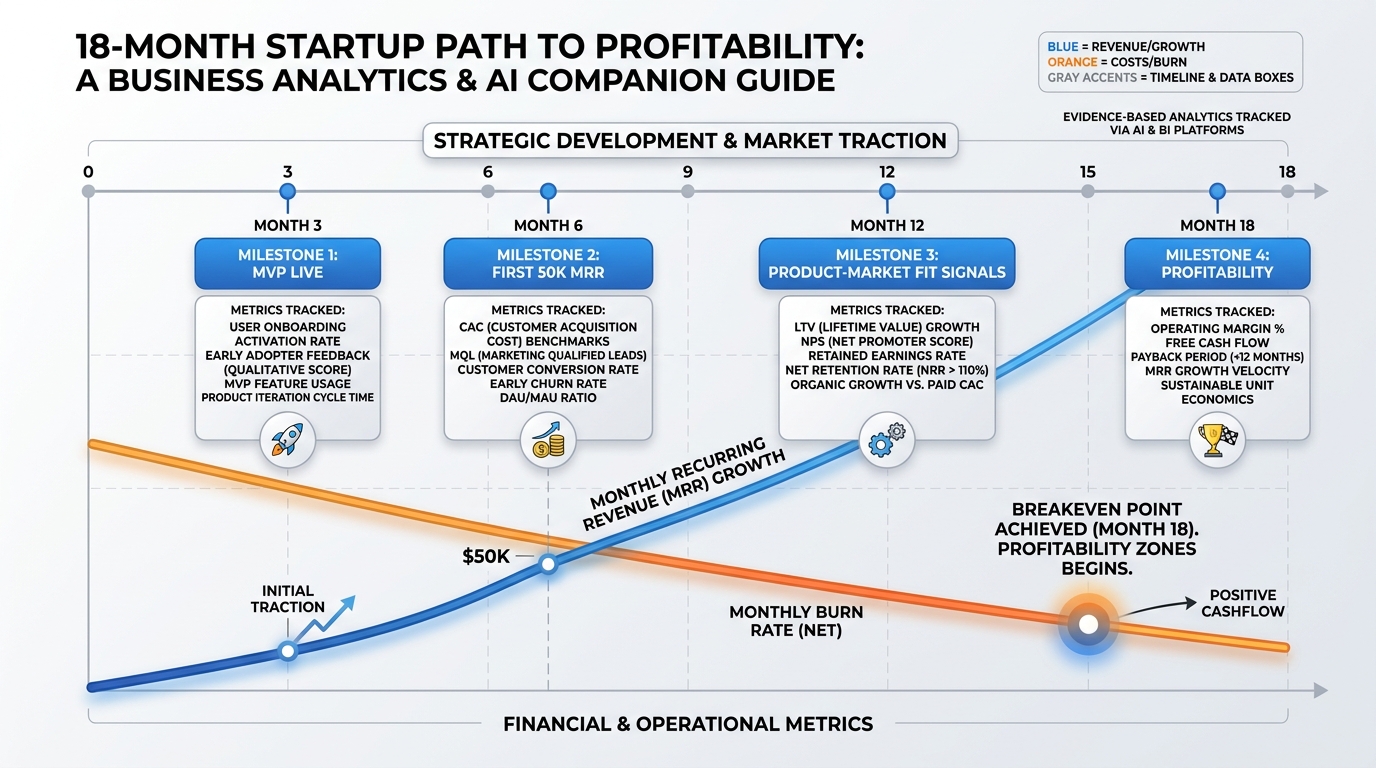 18-month timeline showing startup path to profitability with milestones at Month 3 MVP, Month 6 first 50K MRR, Month 12 PMF signals, Month 18 profitability