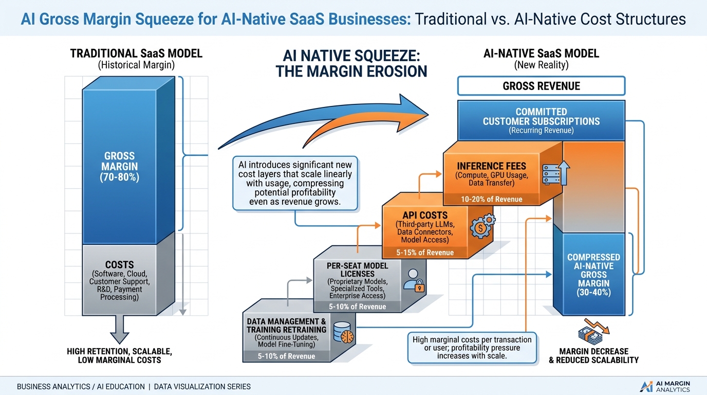 Waterfall chart showing how inference fees and API costs compress gross margin for AI-native SaaS versus traditional SaaS