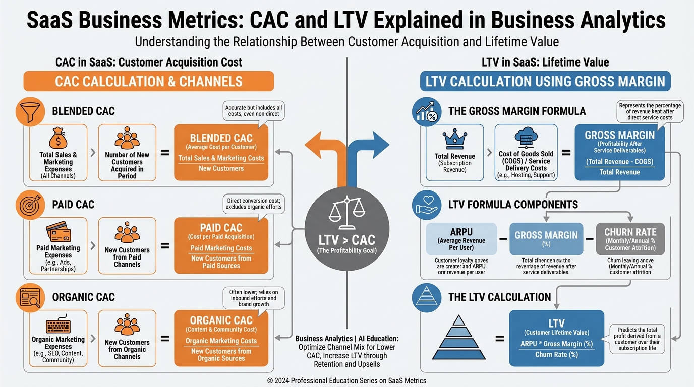 Infographic explaining CAC and LTV calculations for SaaS businesses with blended, paid, and organic breakdowns