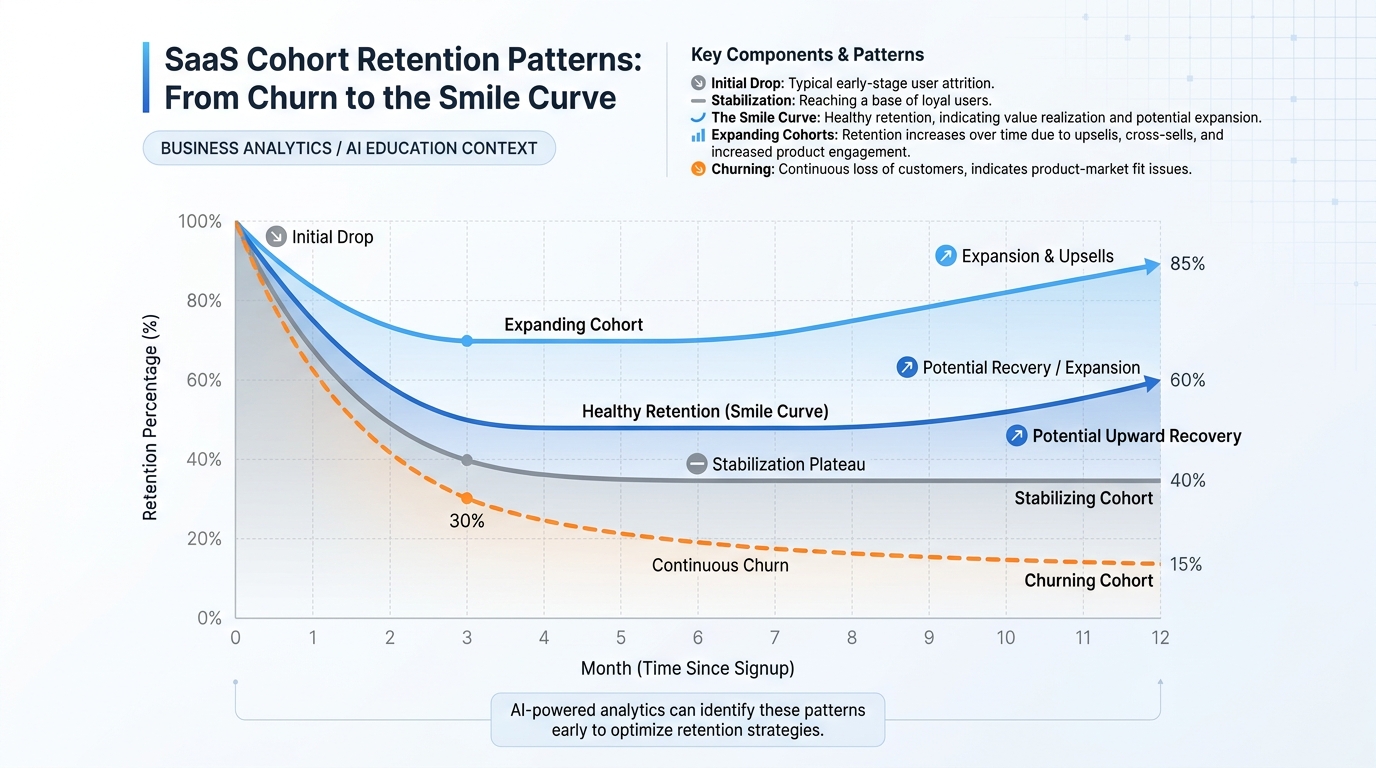 Multi-line chart showing SaaS cohort retention curves over 12 months including the smile curve pattern of healthy cohorts that stabilize and recover