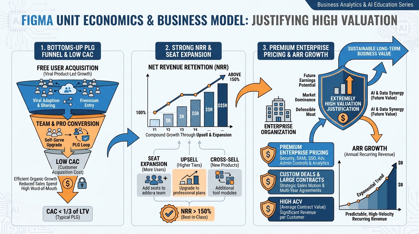 Infographic analyzing Figma unit economics showing NRR above 150%, product-led growth CAC compression, and enterprise seat expansion driving the 2022 valuation