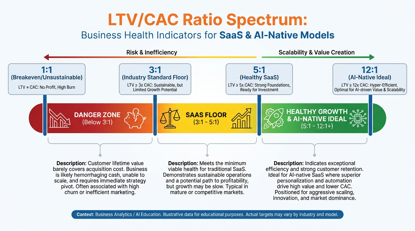 Spectrum diagram showing LTV/CAC ratios from danger zone below 3:1 through floor at 3:1 to ideal range of 5:1-12:1
