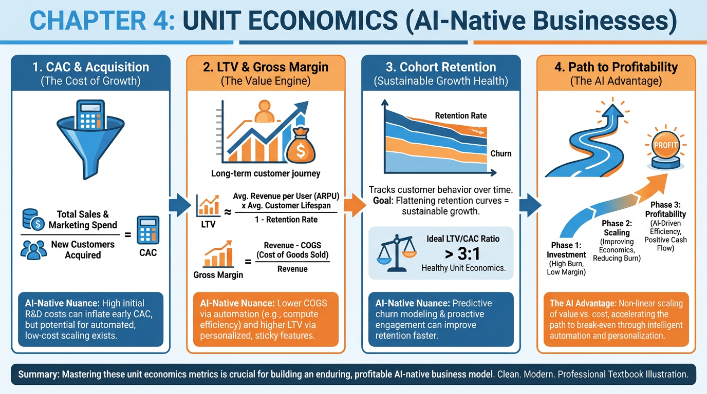 Chapter 4 overview infographic summarizing unit economics, CAC, LTV, gross margin, cohort retention, and path to profitability for AI-native businesses