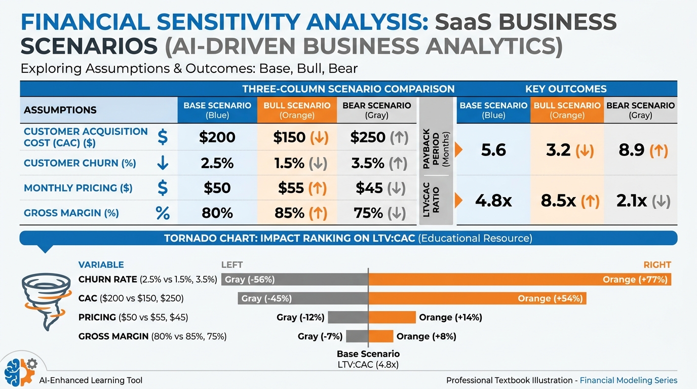 Three-scenario sensitivity analysis showing base, bull, and bear cases with tornado chart identifying which variable most affects payback period