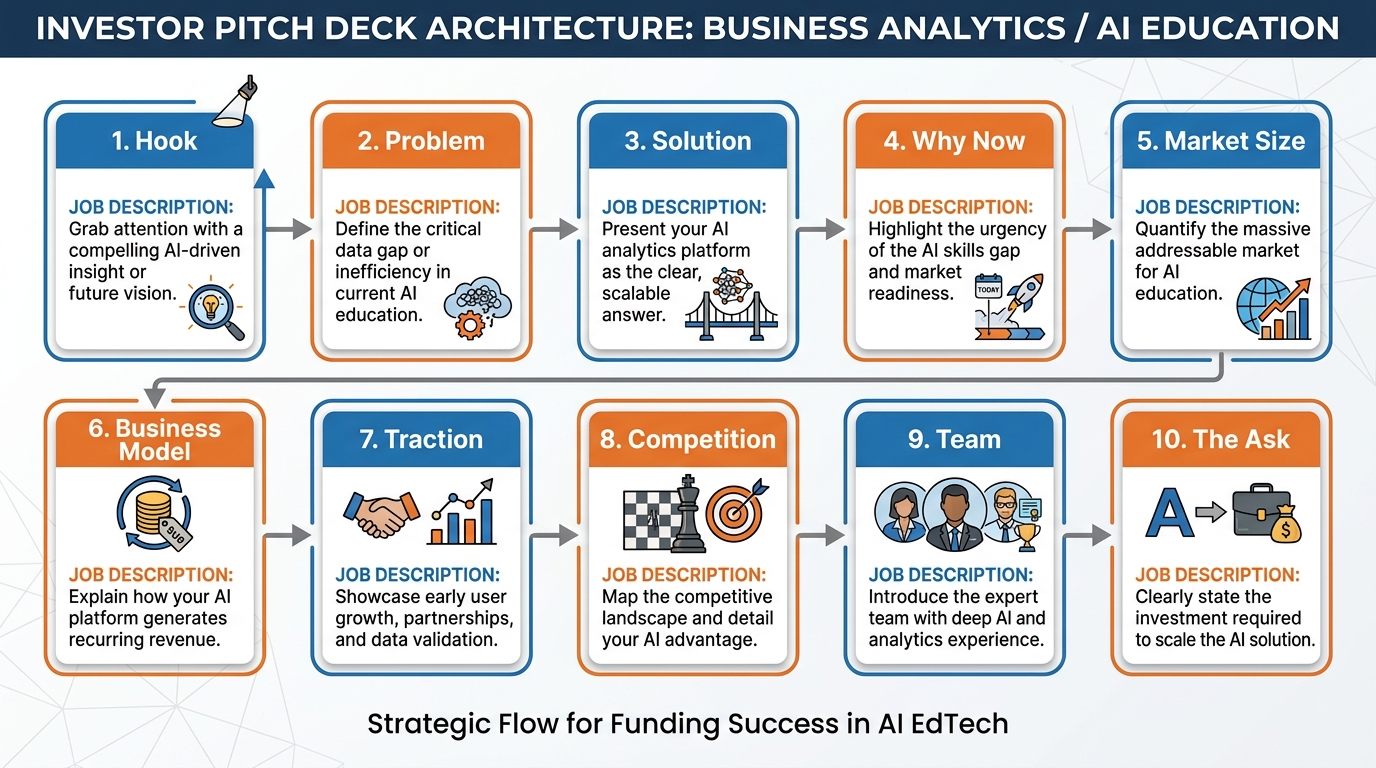Visual map of the 10-slide pitch deck architecture showing each slide's name and function in the investor decision journey