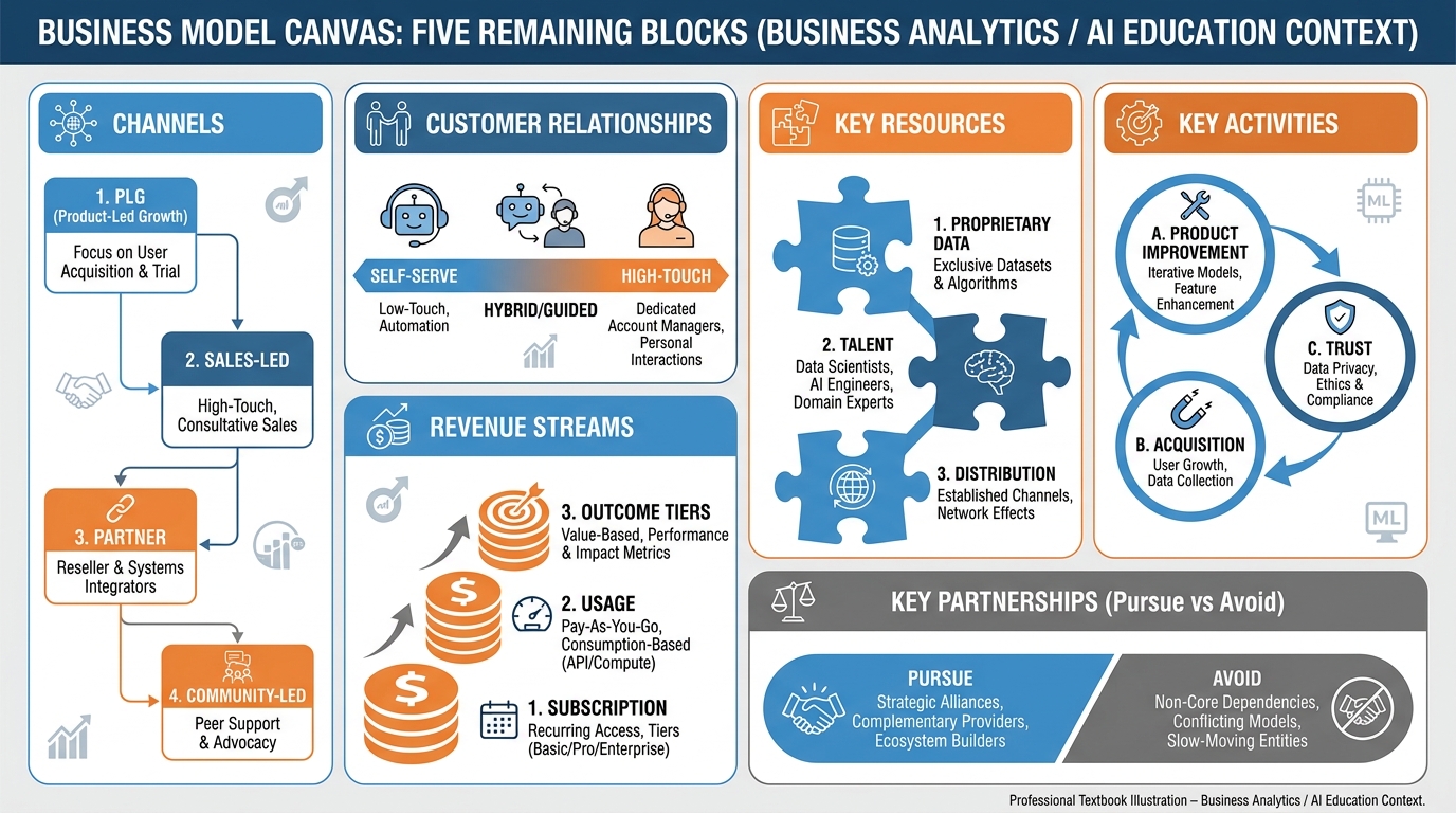 Infographic showing the five remaining BMC blocks — Channels, Customer Relationships, Revenue Streams, Key Resources, Key Activities, Key Partnerships — with AI-specific annotations