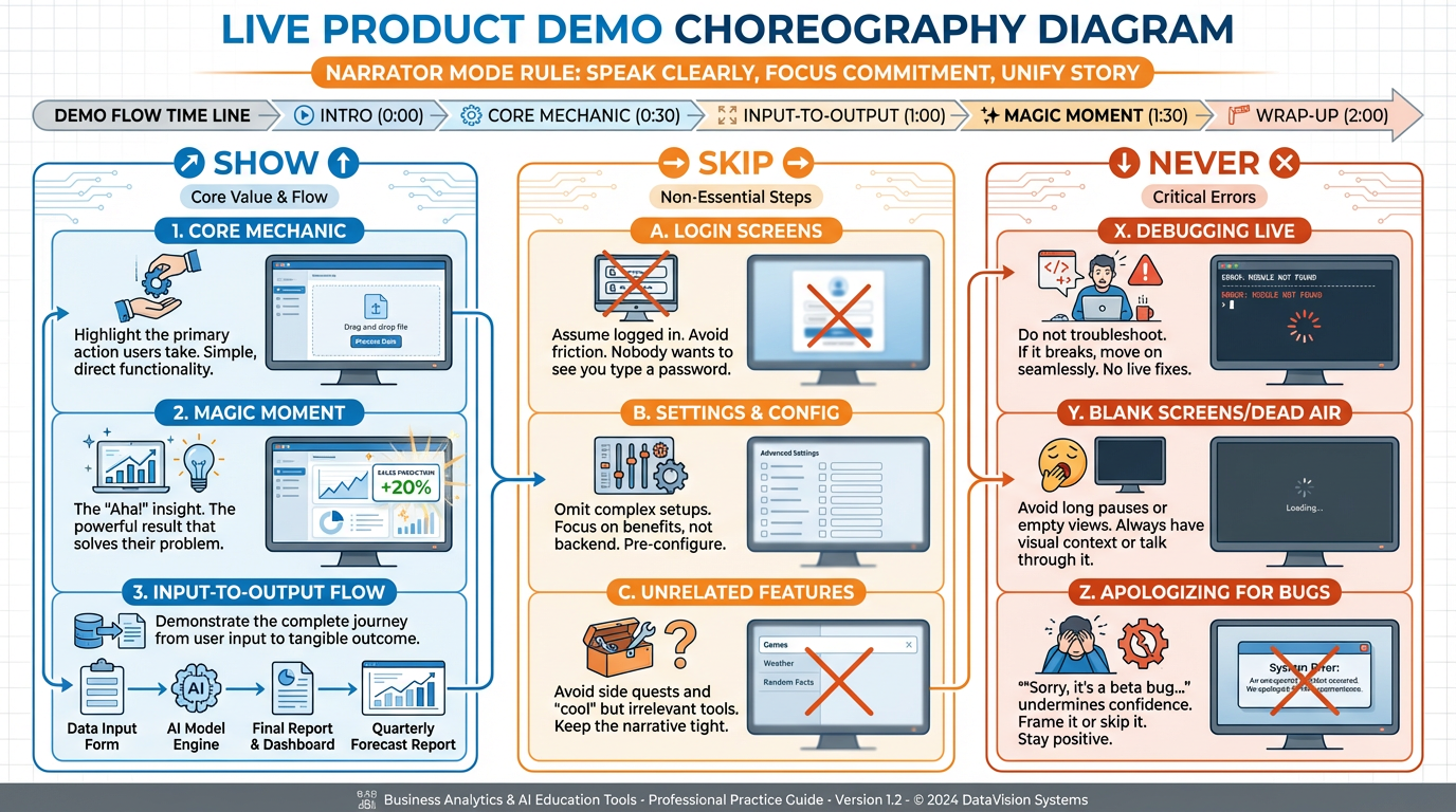 Infographic showing demo choreography principles — what to show, what to skip, what to never do live, and the narrator mode rule
