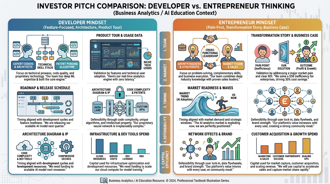 Infographic showing what investors actually evaluate — team, market, timing, defensibility, and capital efficiency — versus what developer-founders typically emphasize
