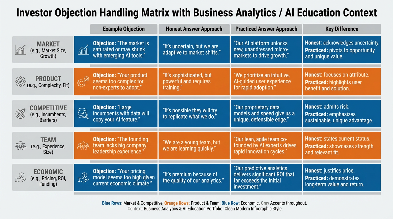 Objection handling matrix showing the five investor objection categories — market, product, competitive, team, and economic — with honest answer, practiced answer, and the key difference for each