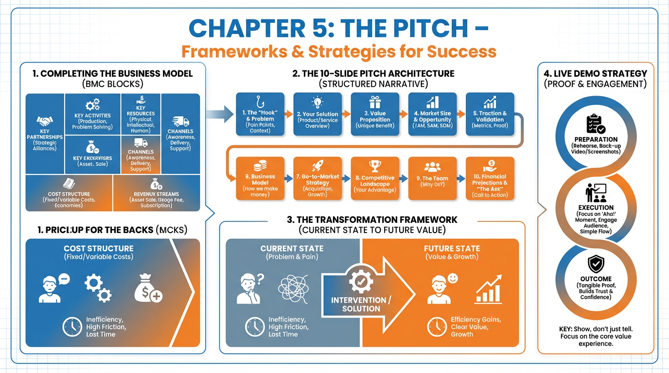 Chapter 5 overview infographic covering the remaining BMC blocks, the 10-slide pitch architecture, the transformation framework, and live demo strategy