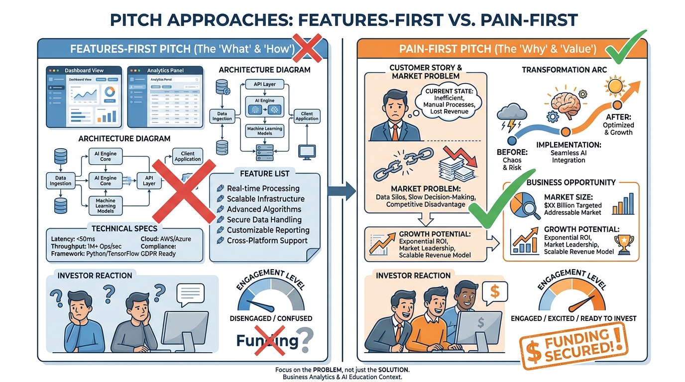 Side-by-side comparison infographic showing a features-first pitch versus a pain-first pitch, illustrating why pain-first wins investor attention