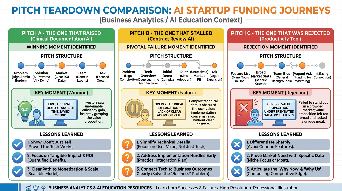 Three-column comparison infographic showing pitch teardowns — one funded, one stalled, one rejected — with the pivotal moment identified for each