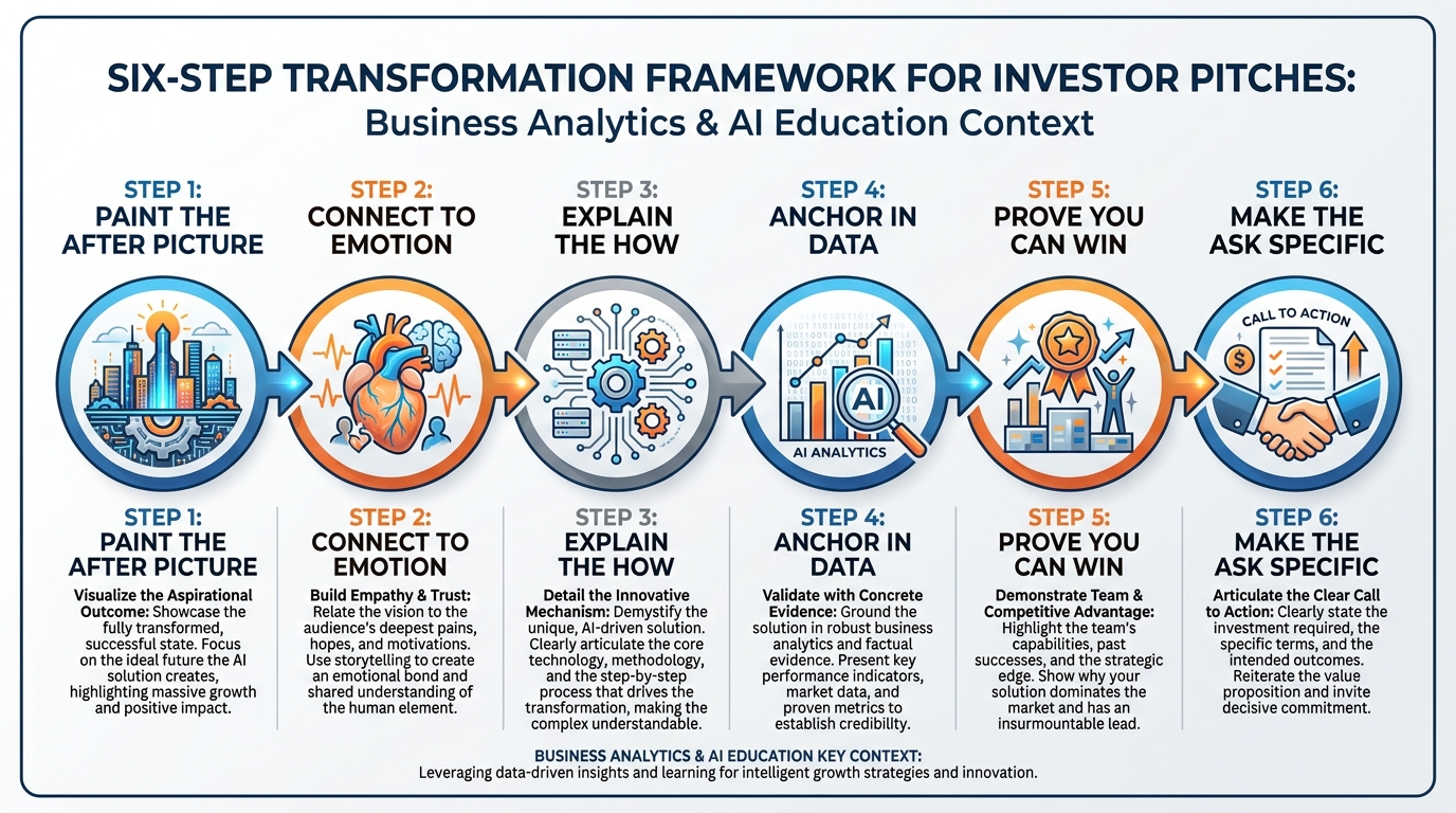 Six-step Transformation Framework infographic — Paint the After Picture, Connect to Emotion, Explain the How, Anchor in Data, Prove You Can Win, Make the Ask Specific
