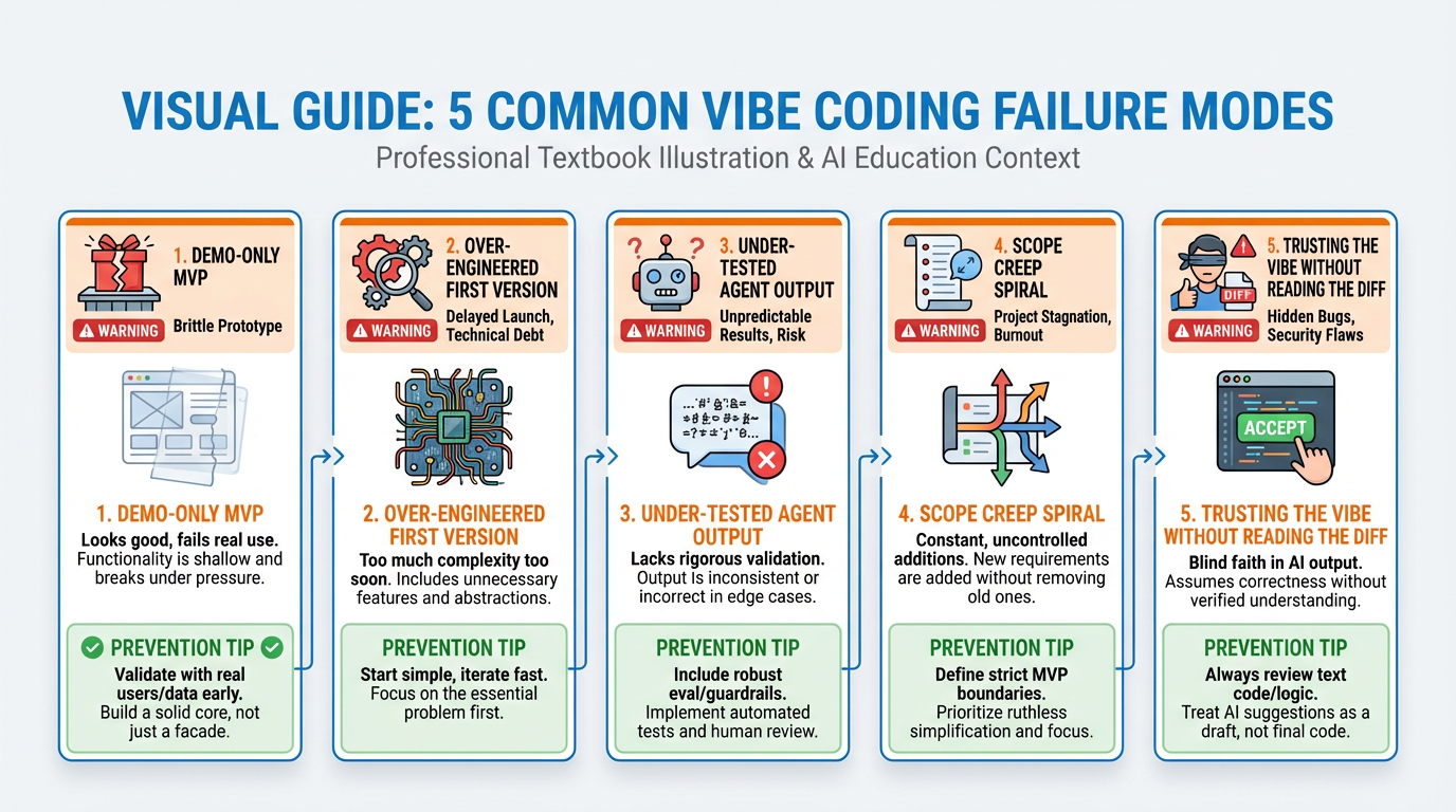Visual guide to the five common vibe coding failure modes with warning signs and remedies