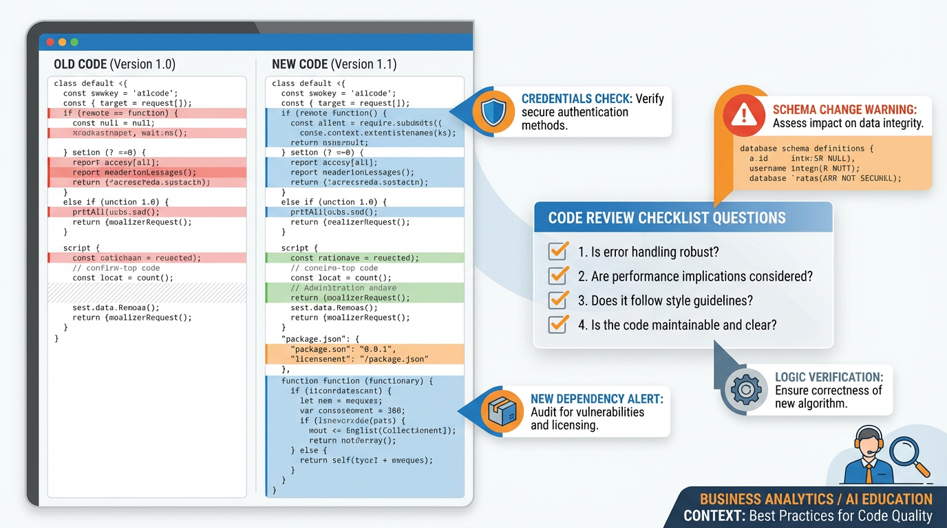 Developer reviewing a code diff showing the four key questions to ask before accepting agent-generated changes