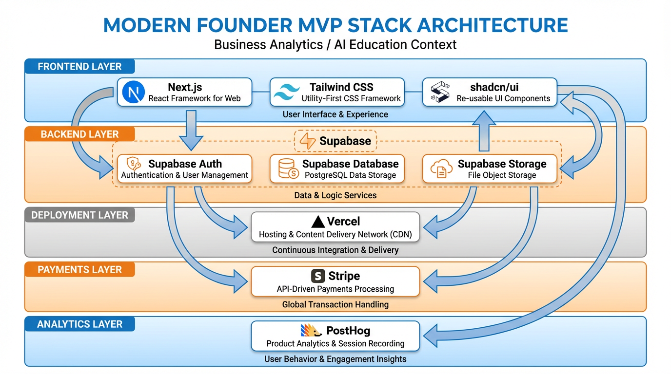 Modern founder MVP stack diagram showing Next.js, Tailwind, shadcn, Supabase, Vercel, Stripe, and PostHog layers