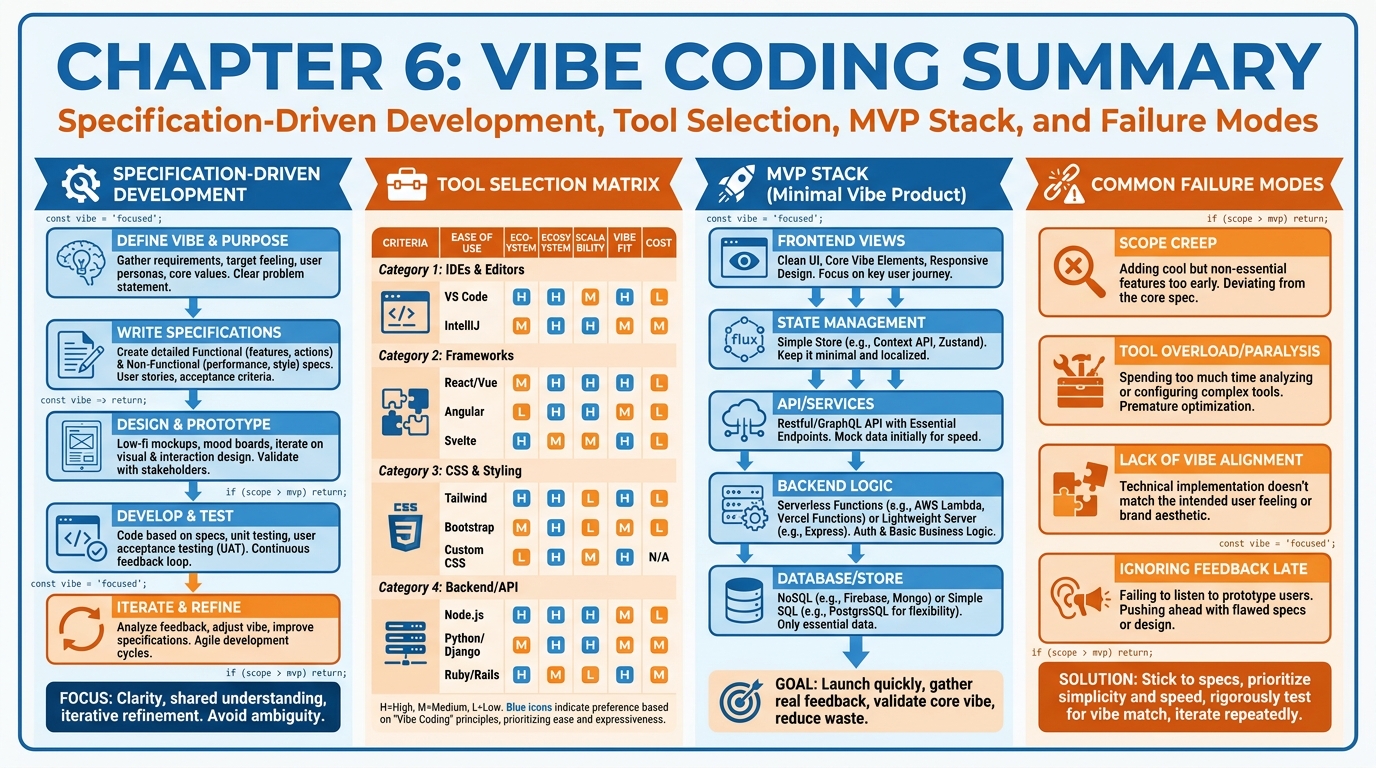 Chapter 6 overview infographic summarizing vibe coding, specification-driven development, tool selection matrix, MVP stack, and common failure modes