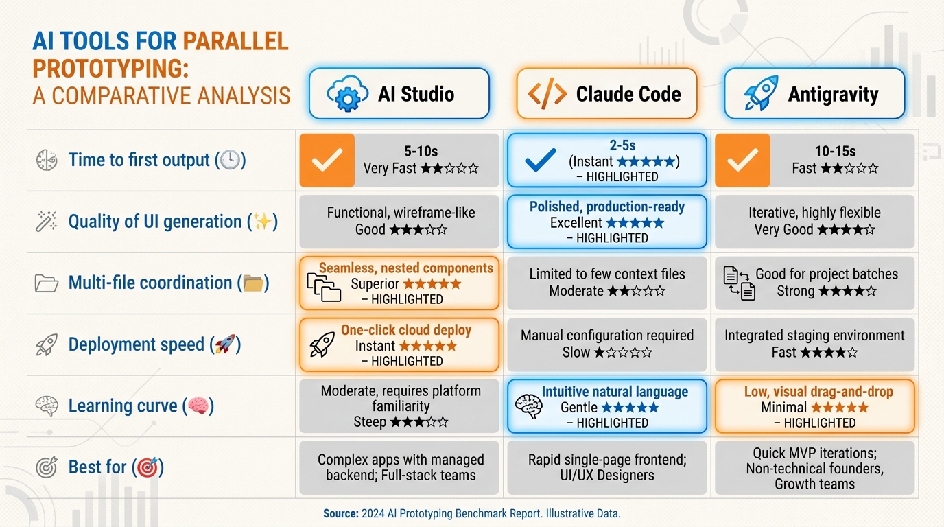Side-by-side comparison of AI Studio vs Claude Code vs Antigravity for parallel prototype builds