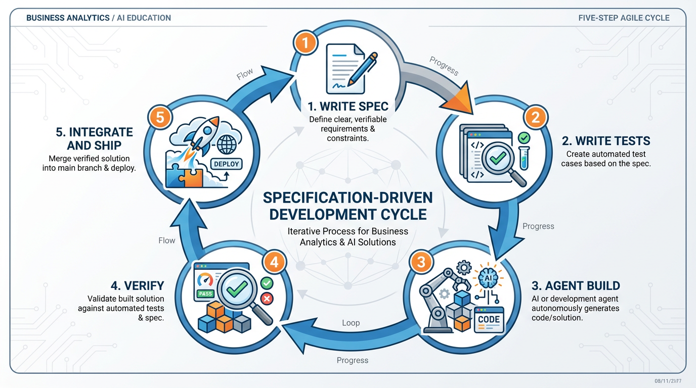 Specification-driven development five-step flow diagram
