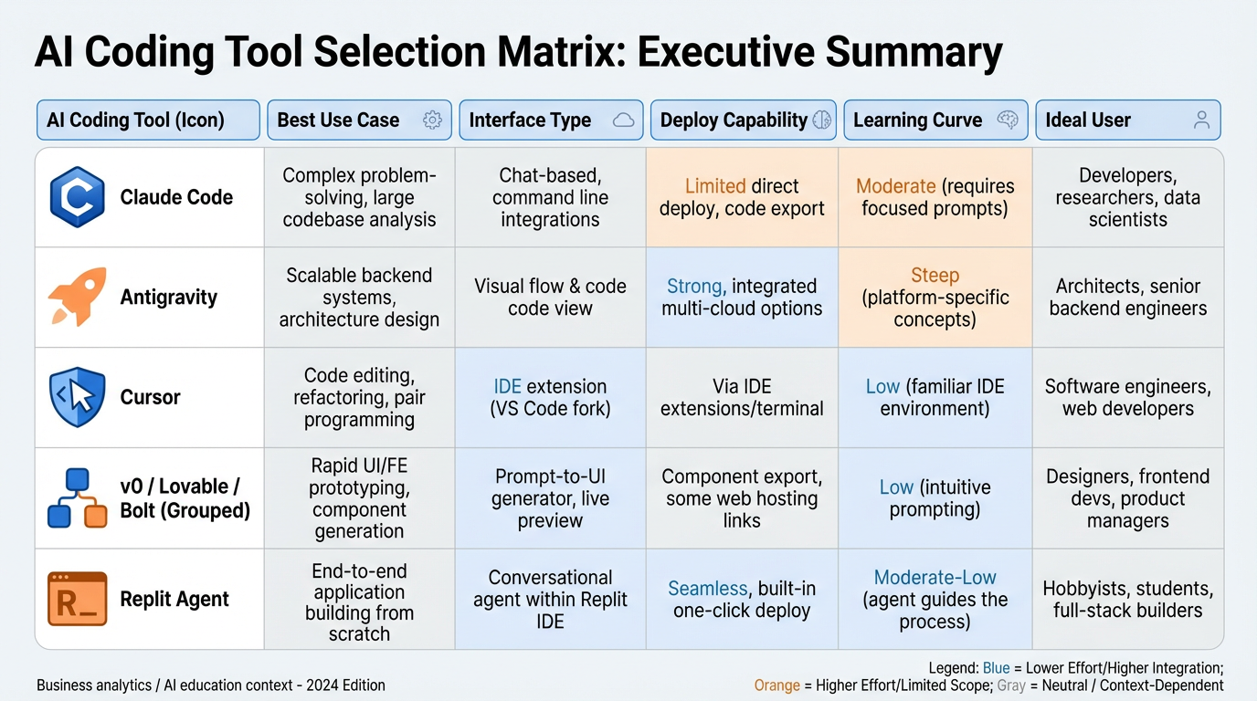 Tool selection matrix for AI coding tools including Claude Code, Antigravity, Cursor, v0, Lovable, Bolt, and Replit Agent