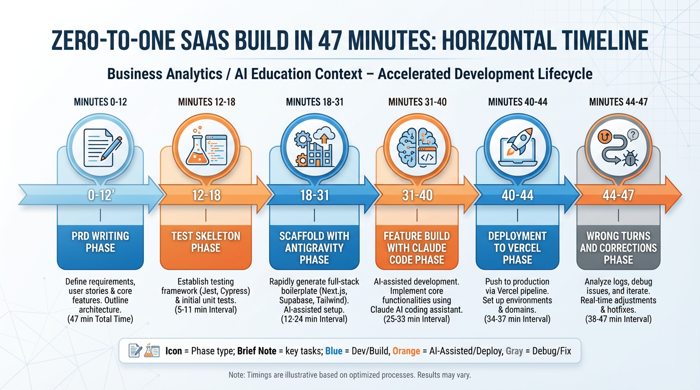 Timeline of the zero-to-one SaaS build showing each step from PRD to deployed URL