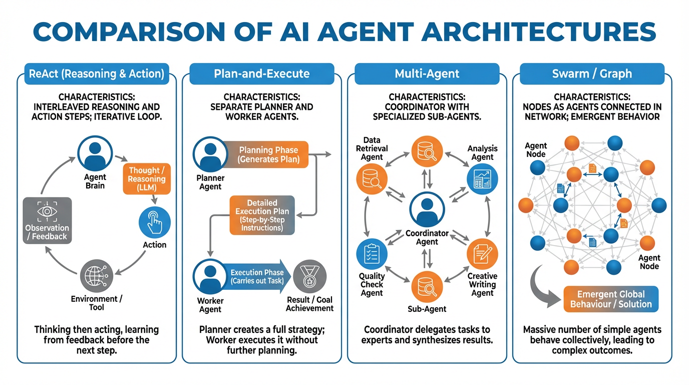 Four-panel comparison of ReAct, Plan-and-Execute, Multi-Agent, and Swarm agent architectures