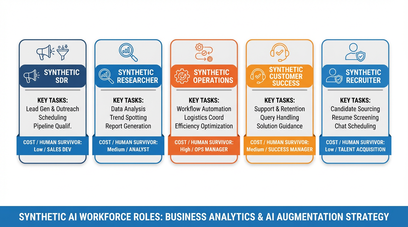 Five high-value synthetic employee roles with tasks, costs, and surviving human jobs