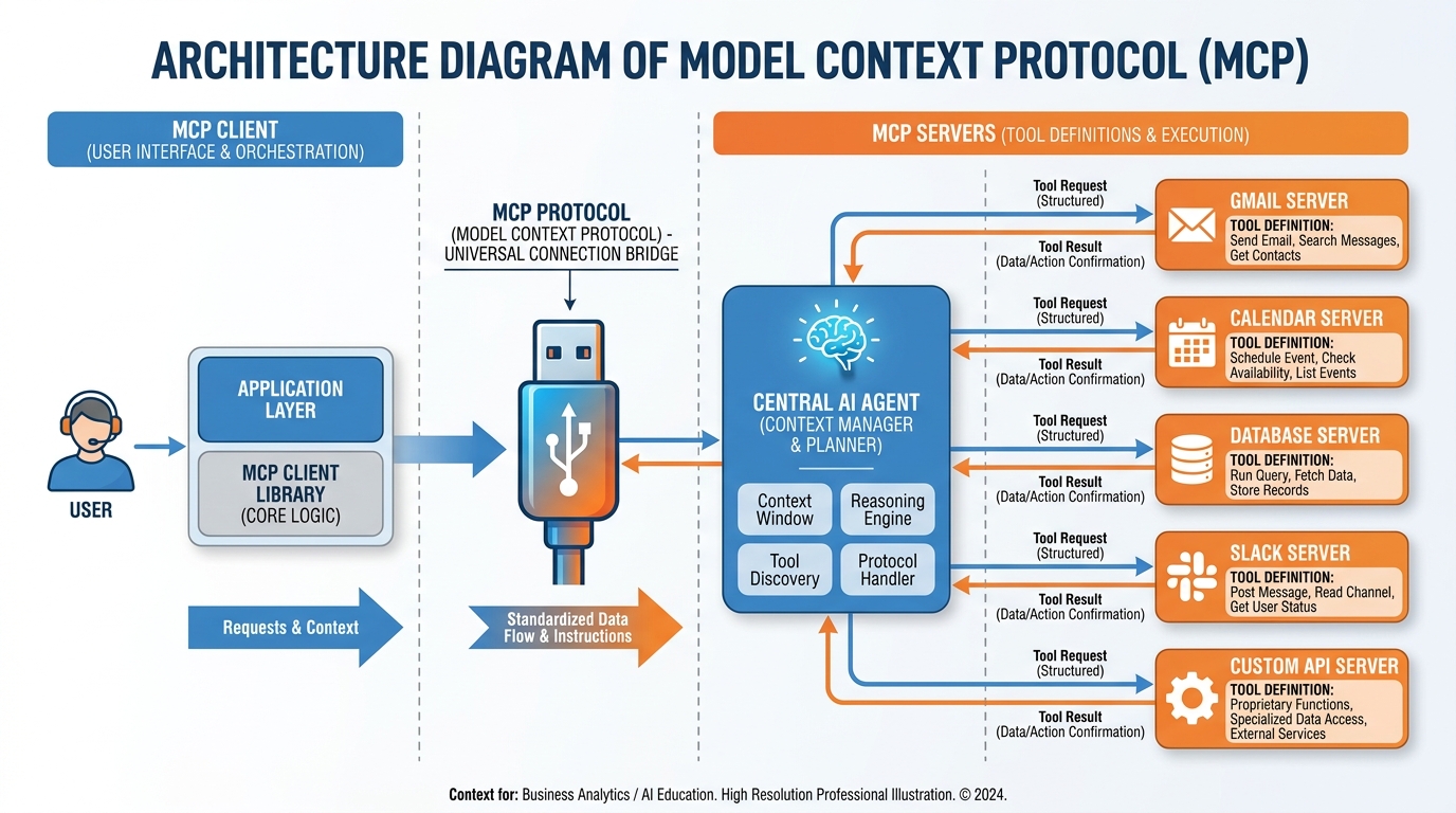 MCP architecture showing AI agent connected to multiple tool servers via the Model Context Protocol
