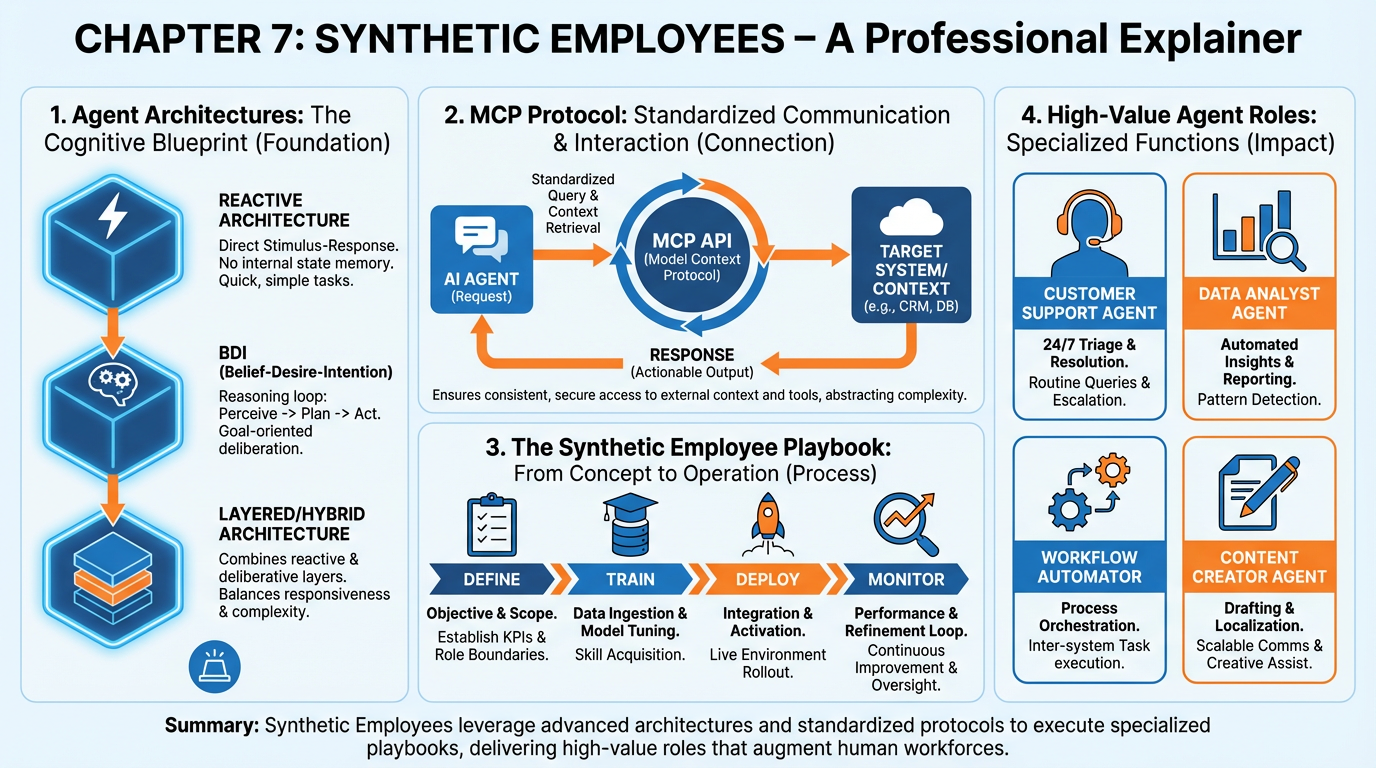 Chapter 7 overview infographic summarizing synthetic employees, agent architectures, MCP protocol, the synthetic employee playbook, and high-value agent roles