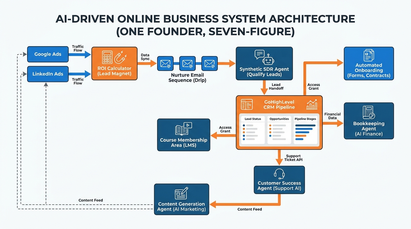 Architecture diagram of the seven-figure one-founder business showing all systems and data flows