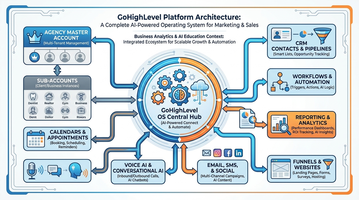 GoHighLevel platform architecture showing all major modules connected to a central data layer
