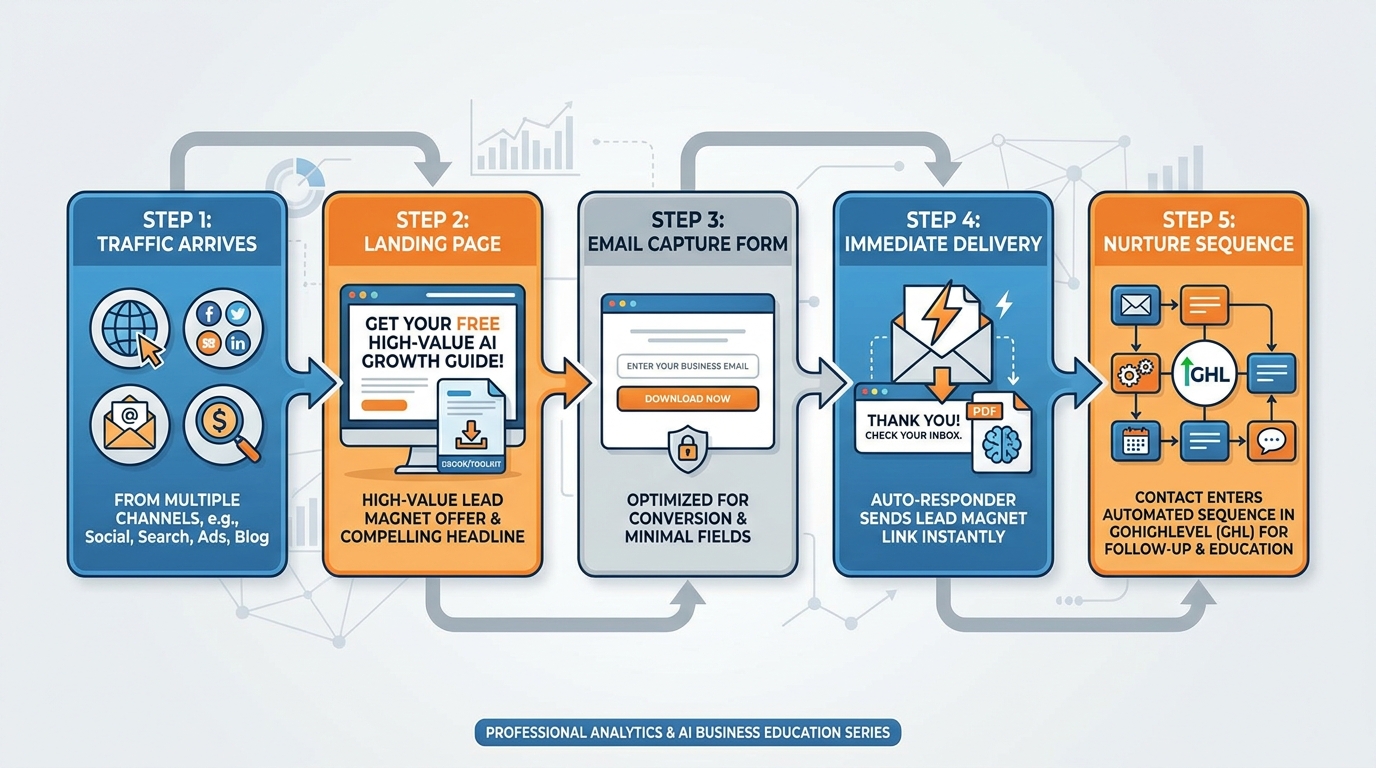 Lead magnet capture flow from traffic to email capture to nurture sequence entry