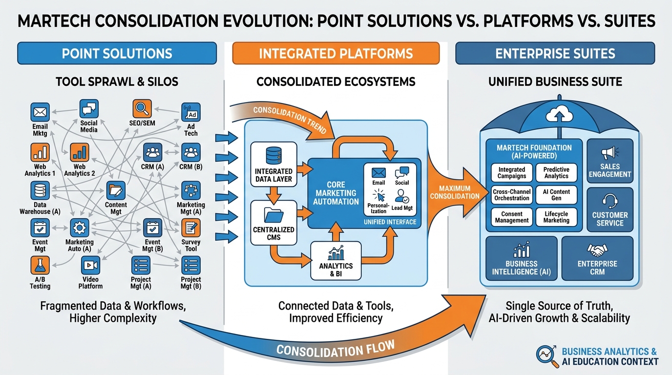 Diagram comparing MarTech point solutions vs platforms vs suites, with the consolidation trend highlighted