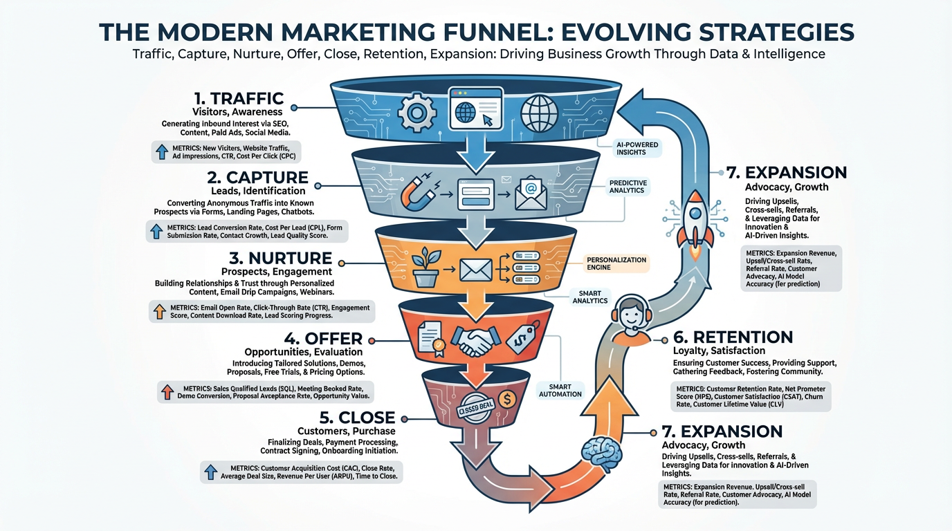 The modern marketing funnel stages from Traffic through Retention and Expansion